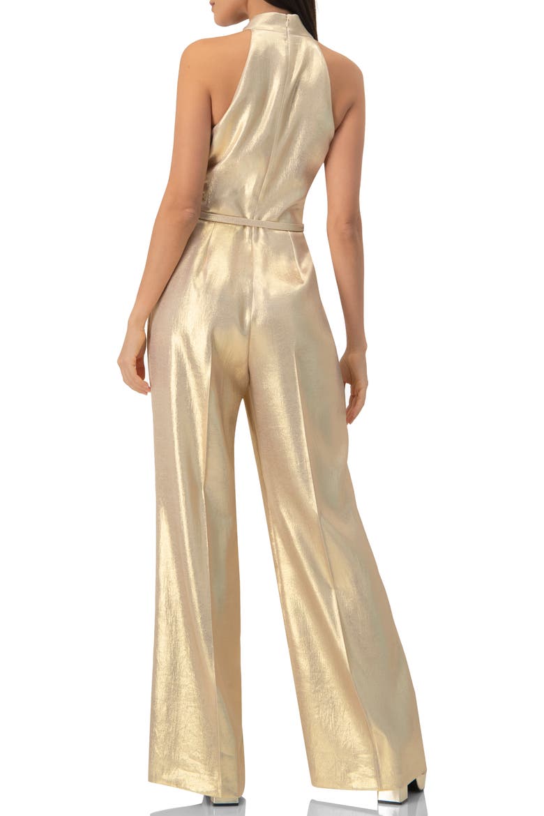 Halterneck Metallic Belted Jumpsuit, Alternate, color, Gold