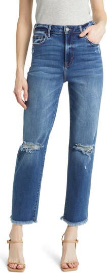 Ripped Frayed Hem Slim Straight Leg Jeans
