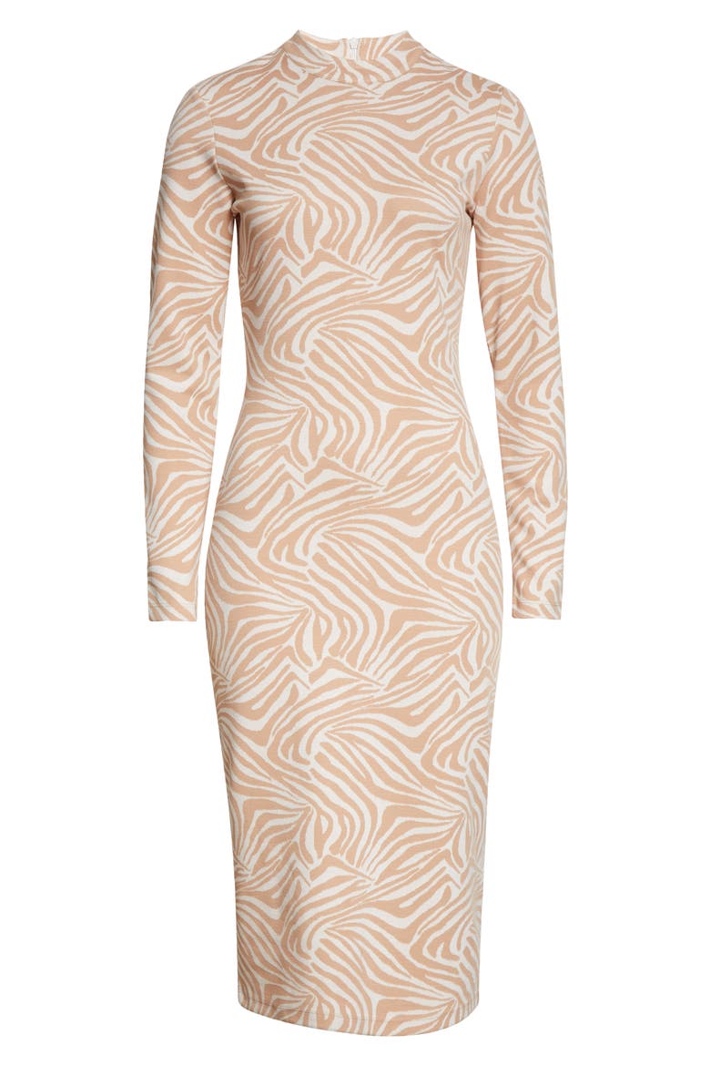 Zebra Print Long Sleeve Midi Dress, Alternate, color, CAMEL