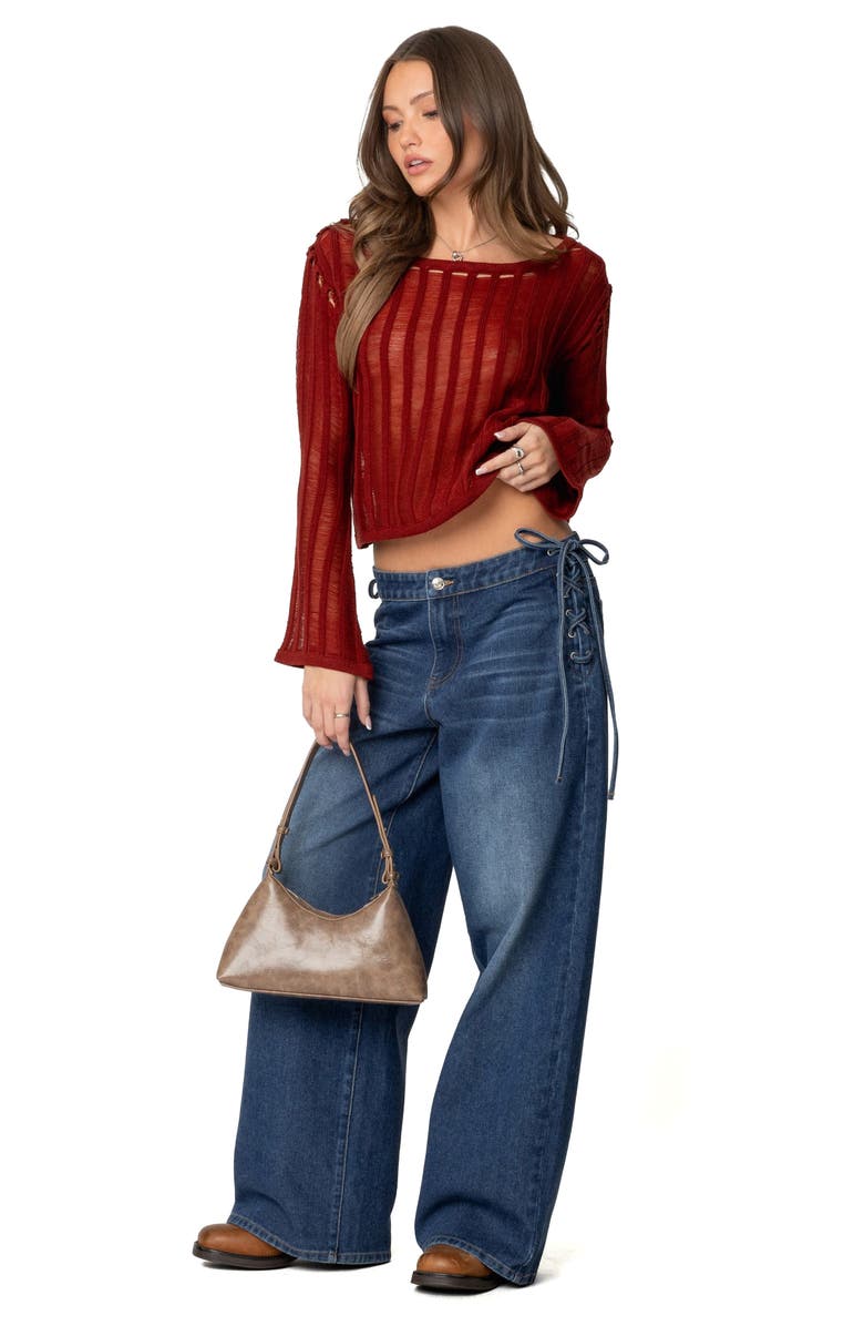 EDIKTED Sagir Sheer Ladder Stitch Crop Top, Alternate, color, Burgundy