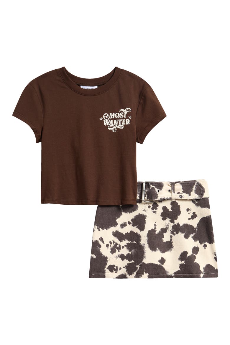 Kids' Graphic Tee & Cow Print Skort Set, Main, color, BROWN