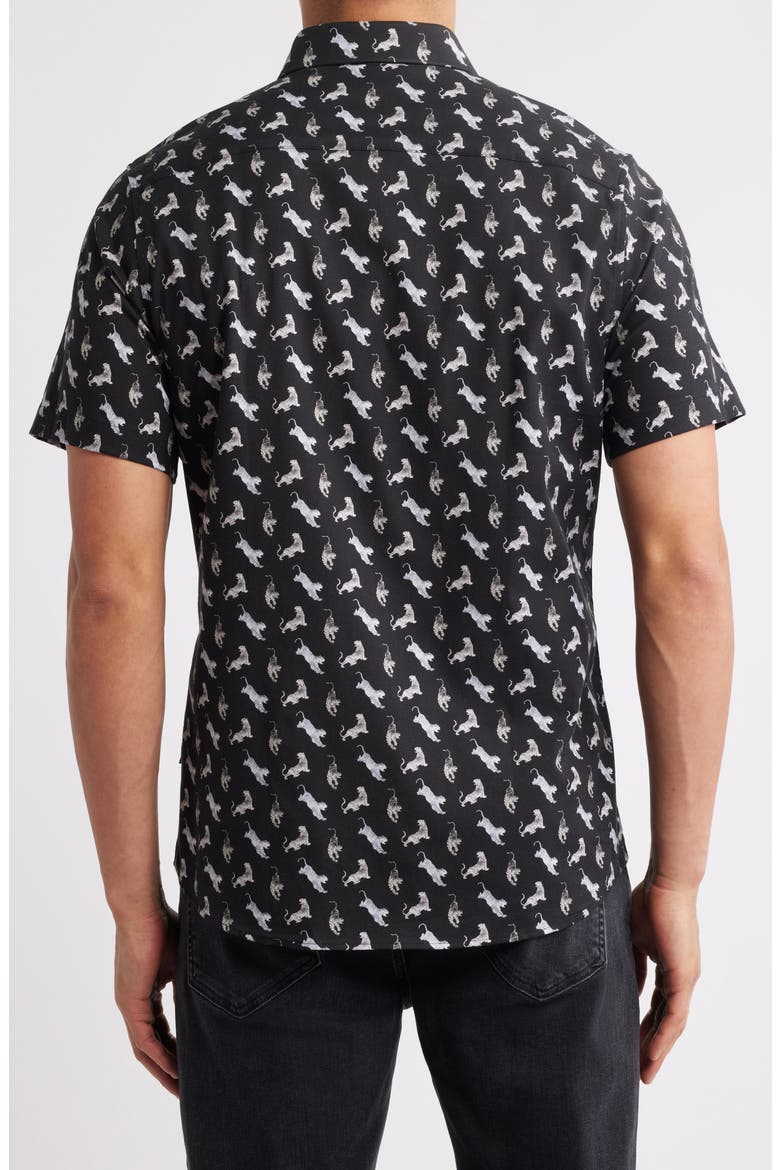 Tiger Print Short Sleeve Button-Up Shirt, Alternate, color, BLACK