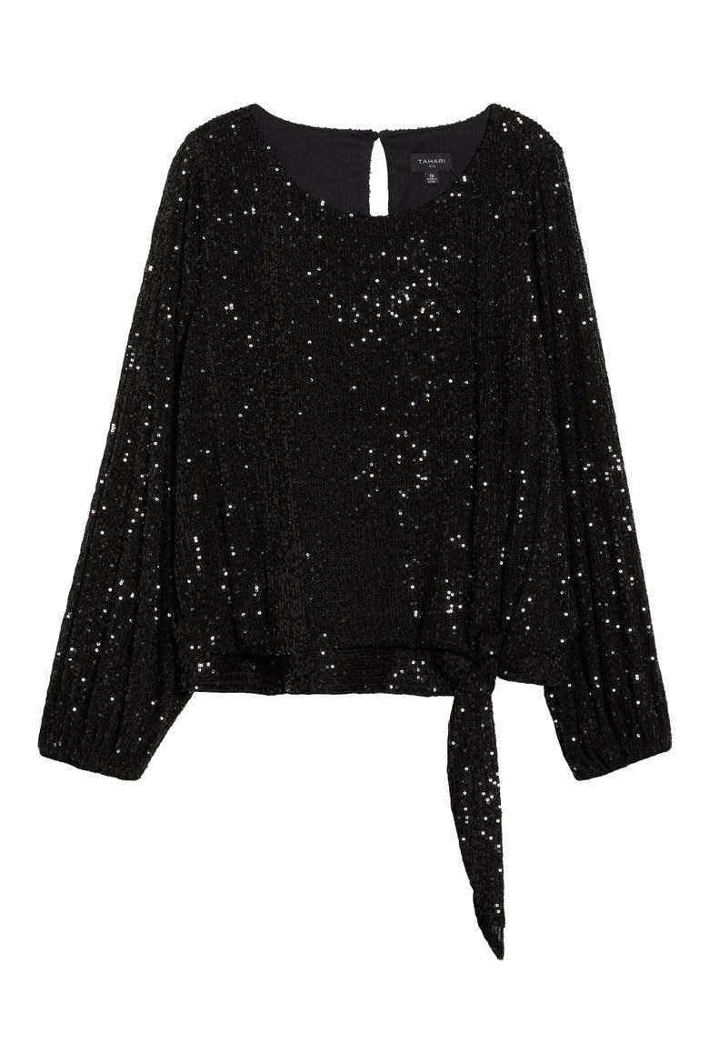 Sequin Tie Hem Top, Alternate, color, BLACK