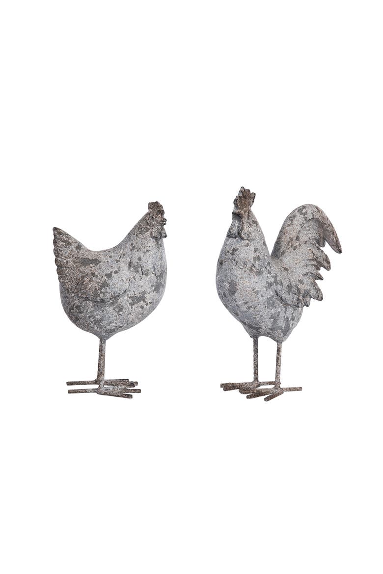 Resin Distressed Rooster Garden Statue Set of 2 Multicolored for Spring Home Decor, Main, color, Gray