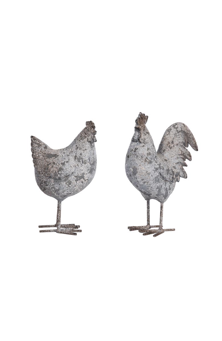 Transpac Resin Distressed Rooster Garden Statue Set of 2 Multicolored for Spring Home Decor, Main, color, Gray