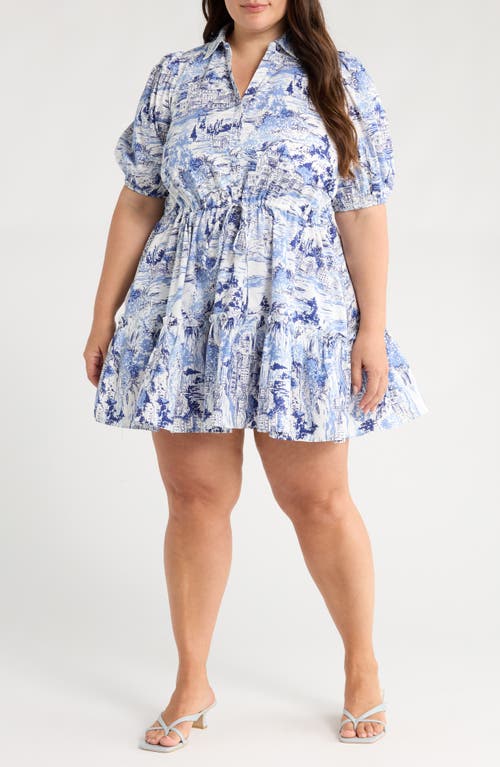 SUGARLIPS Francine Cotton Toile Minidress in White/Blue 