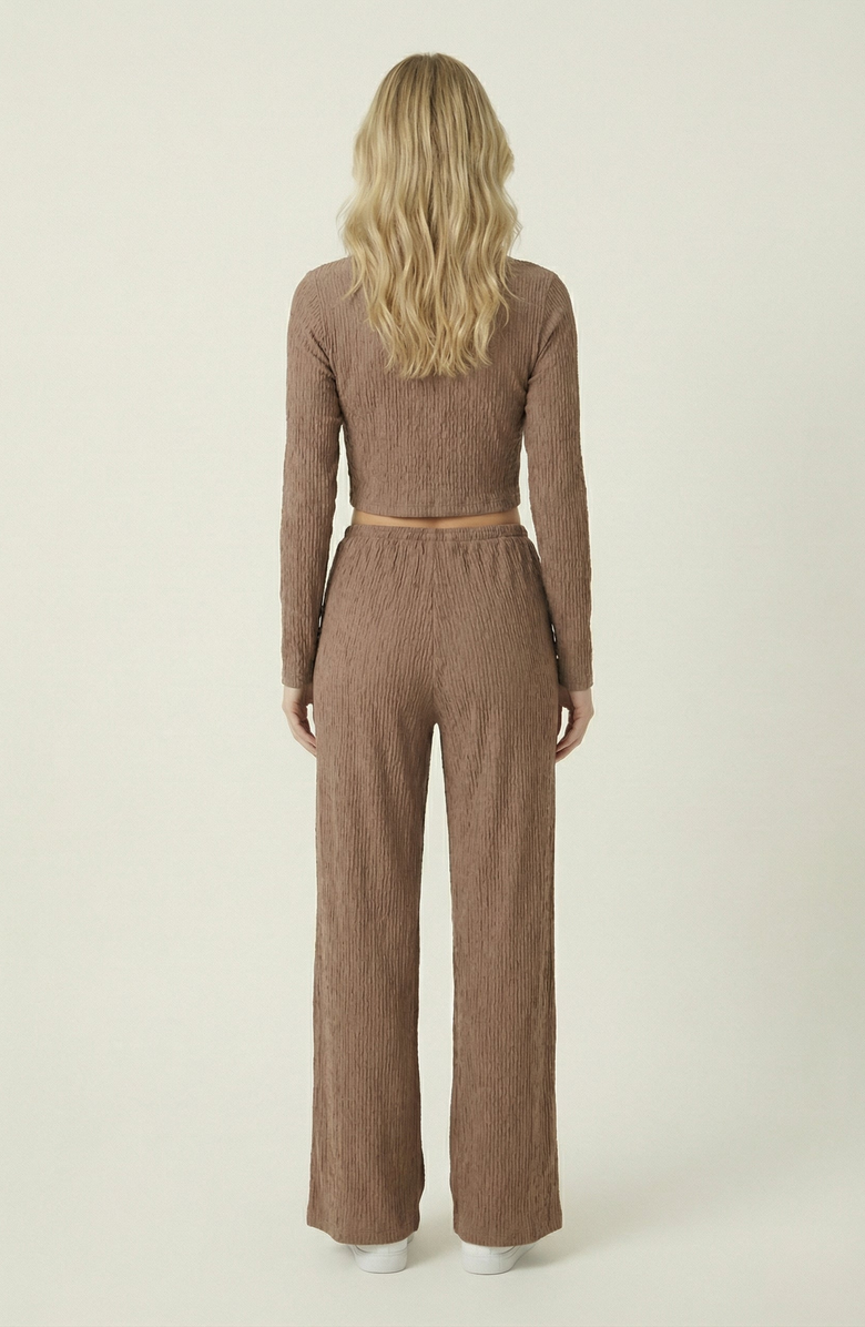 Modenaire Ribbed Long Sleeve Crop Top and Wide Leg Lounge Pants Set with Drawstring, Alternate, color, Brown