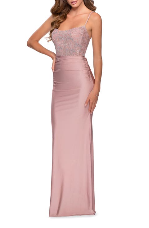Jersey Prom Dress with Lace Bodice and Rhinestones