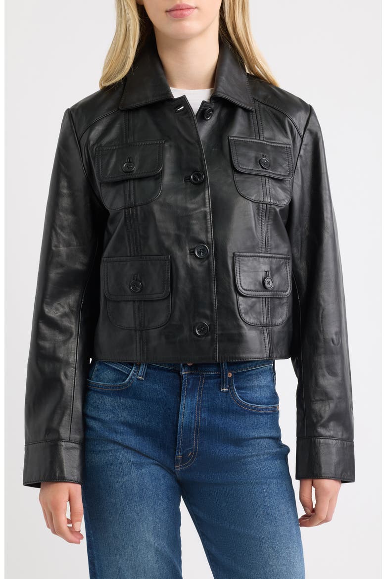 Short Leather Jacket, Alternate, color, BLACK