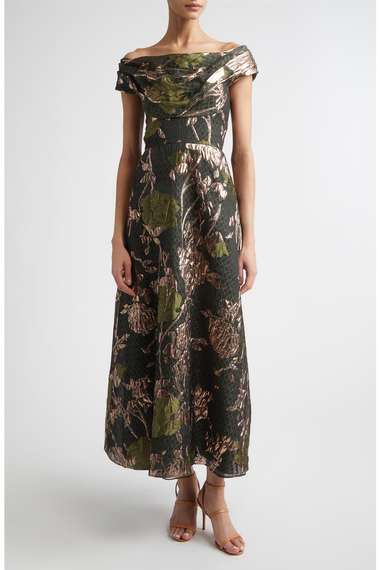 Floral Draped Metallic Fil Coupé Fit & Flare Dress, Main, color, CACTUS MULTI