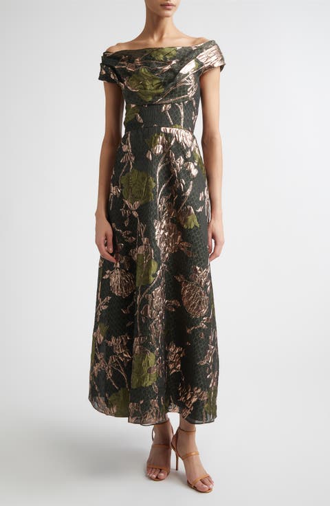 Floral Draped Metallic Fil Coupé Fit & Flare Gown