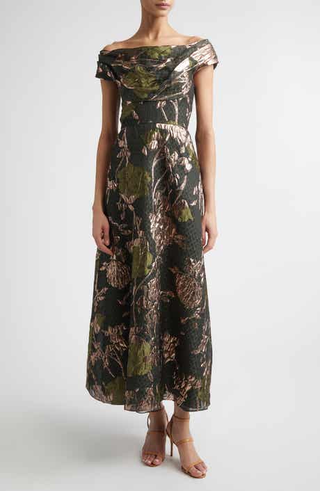 Floral Draped Metallic Fil Coupé Fit & Flare Dress