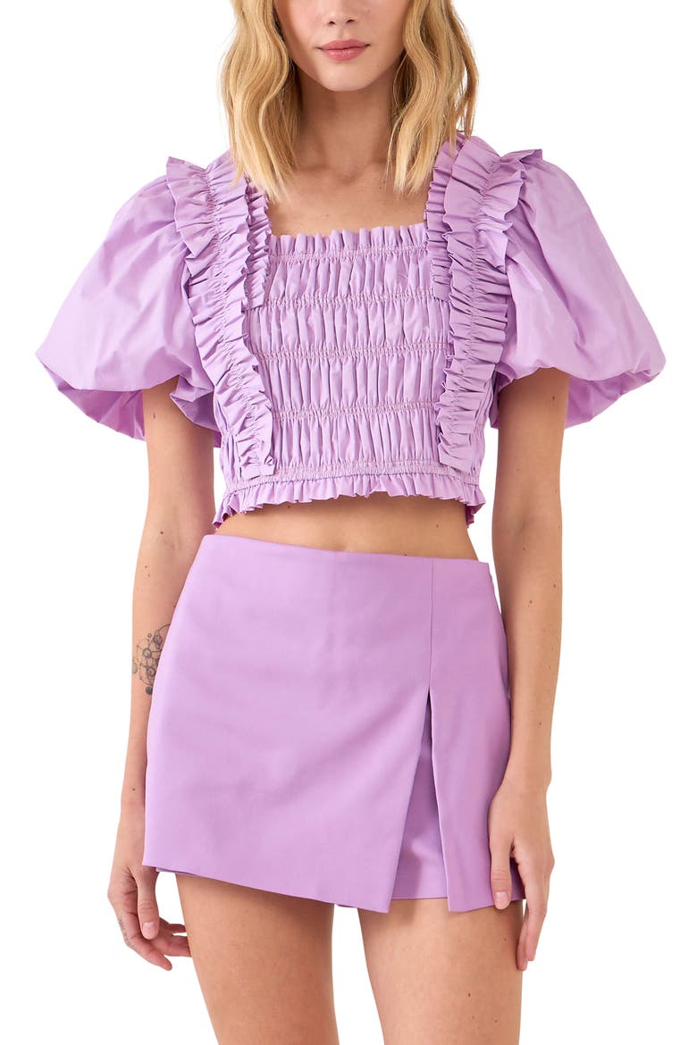 Smocked Puff Sleeve Crop Top, Alternate, color, LILAC