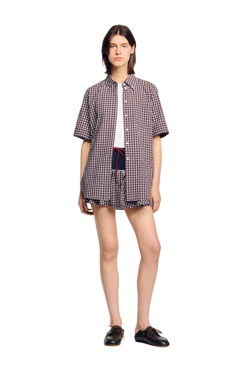 SANDRO Oversized checkered shirt, Alternate, color, Brown