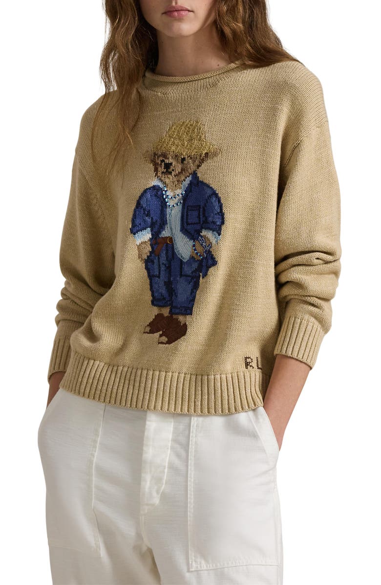 Polo Ralph Lauren Intarsia Bear Embellished Cotton Crewneck Sweater, Main, color, 