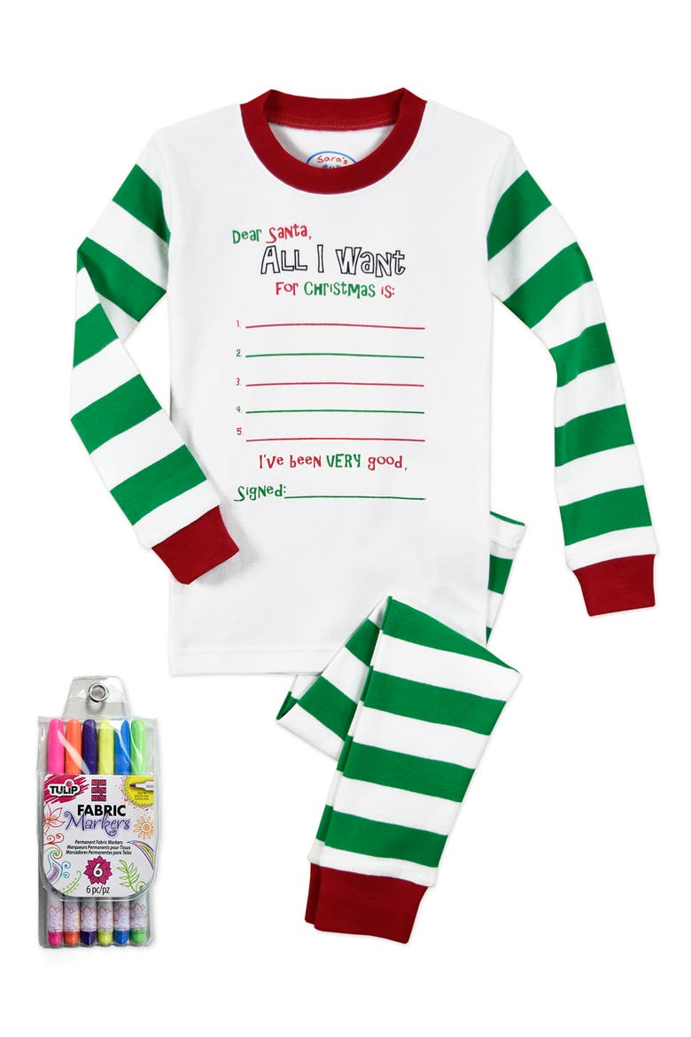 Sara's Prints Kids' Color Me Two-Piece Fitted Pajamas with 6-Piece Marker Set, Main, color, ALL I WANT