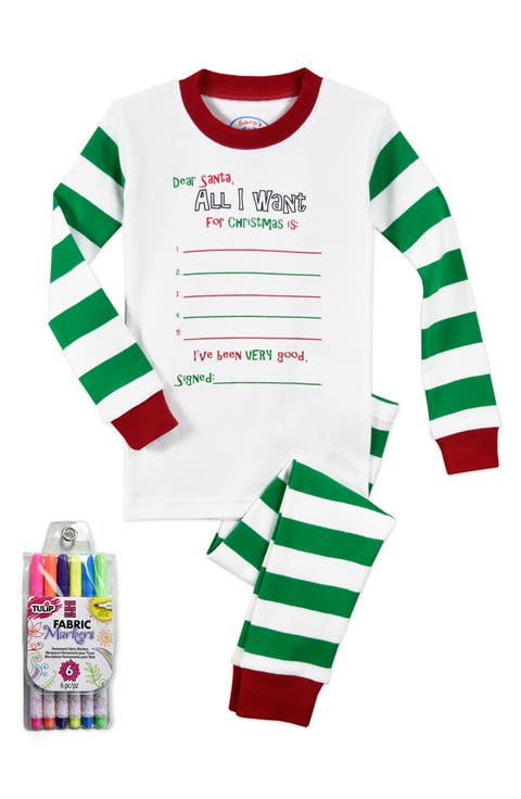 Sara's Prints Kids' Color Me Two-Piece Fitted Pajamas with 6-Piece Marker Set