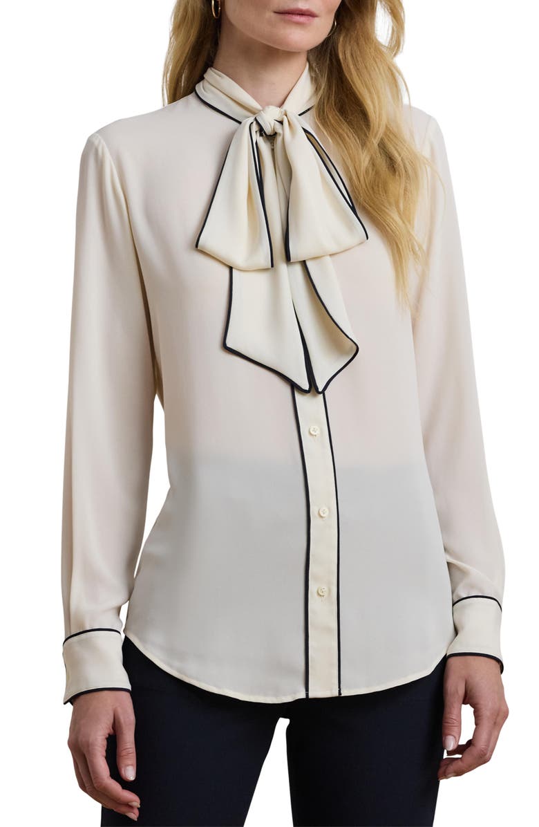 Lauren Ralph Lauren Tipped Tie Neck Button-Up Shirt, Main, color, 