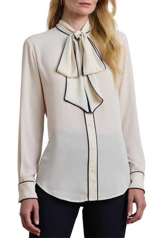 Shop Ralph Lauren Lauren  Tipped Tie Neck Button-up Shirt In Mascarpone Cream/lauren Navy