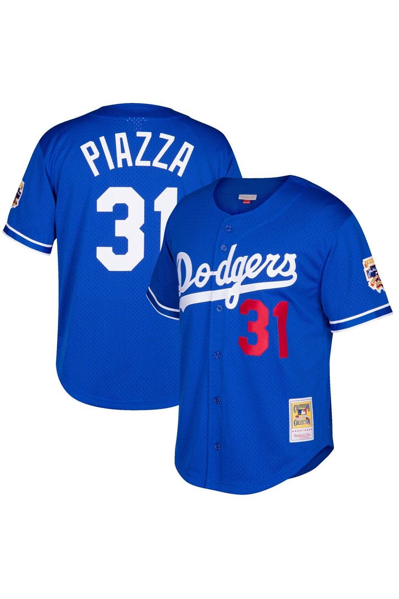 Men's Mitchell & Ness Mike Piazza Royal Los Angeles Dodgers Cooperstown Collection Mesh Batting Practice Button-Up Jersey, Main, color, Royal