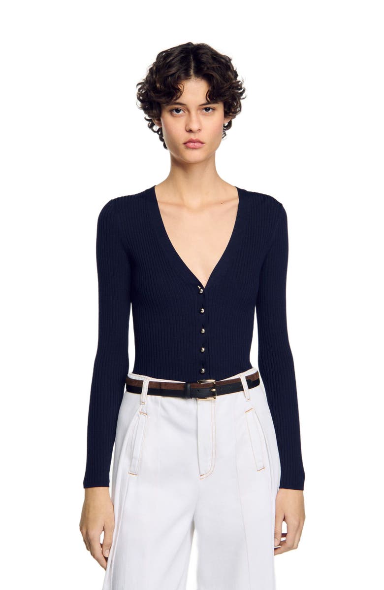 SANDRO Rib knit cardigan, Alternate, color, Navy Blue
