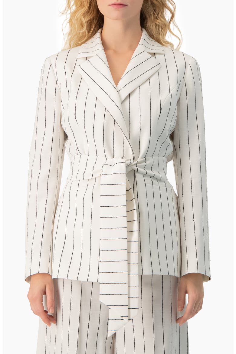 Pinstripe Self-Tie Belted Wrap Tailored Blazer, Main, color, White