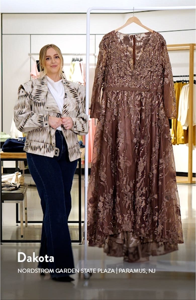 Long Sleeve Floral Appliqué Mesh Gown, sales video thumbnail