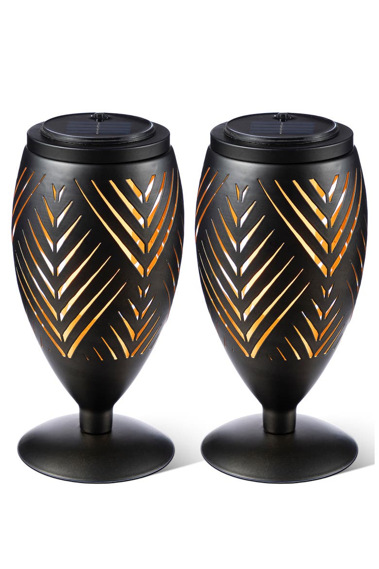 Set of 2 Metal Cutout Stripe Pattern Solar Powered Outdoor Lantern with LED Light, Main, color, Black