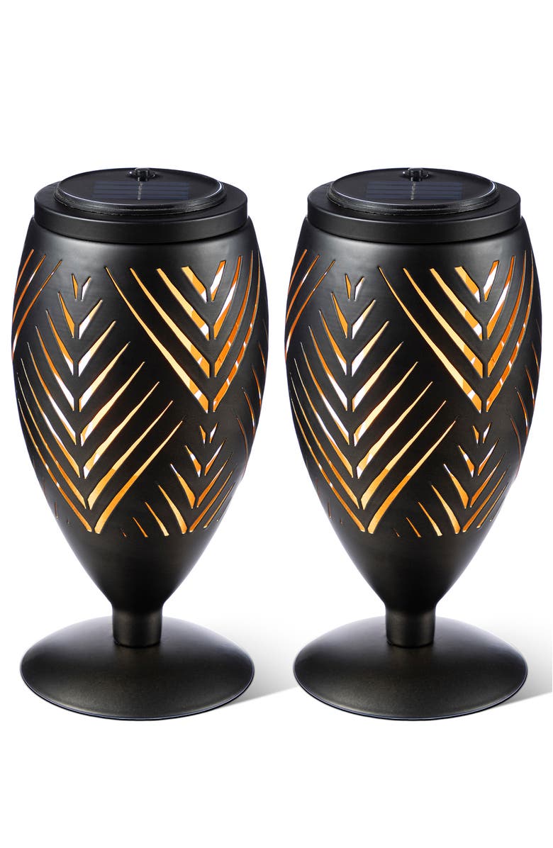 Glitzhome Set of 2 Metal Cutout Stripe Pattern Solar Powered Outdoor Lantern with LED Light, Main, color, Black
