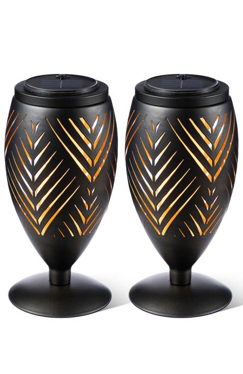 Set of 2 Metal Cutout Stripe Pattern Solar Powered Outdoor Lantern with LED Light