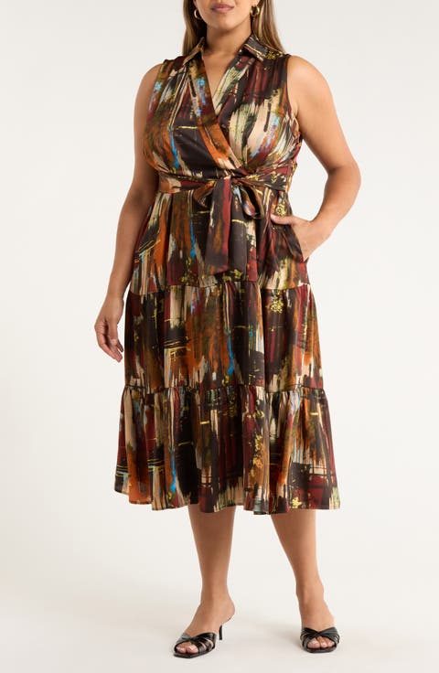 Print Sleeveless Tiered Midi Shirtdress (Plus)