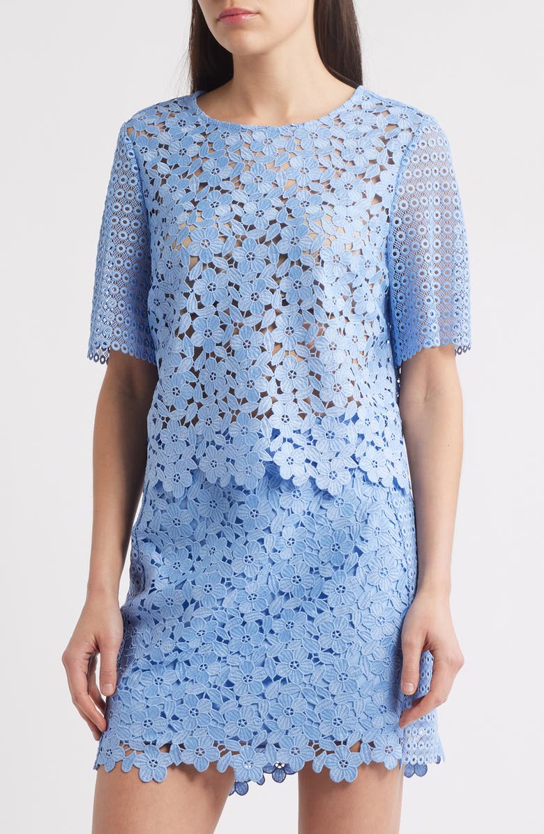Milly Floral Geo Combo Short Sleeve Lace Top, Main, color, Sky Blue