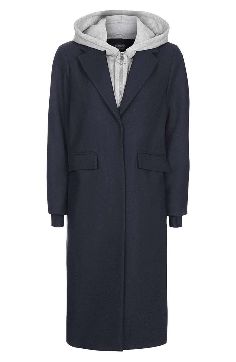 Topshop Hooded Layer Wool Blend Coat, Alternate, color, 