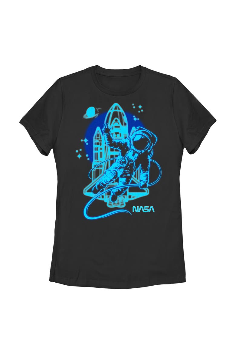 Junior's NASA Astronaut Victory Sign  Graphic T-Shirt, Main, color, Black