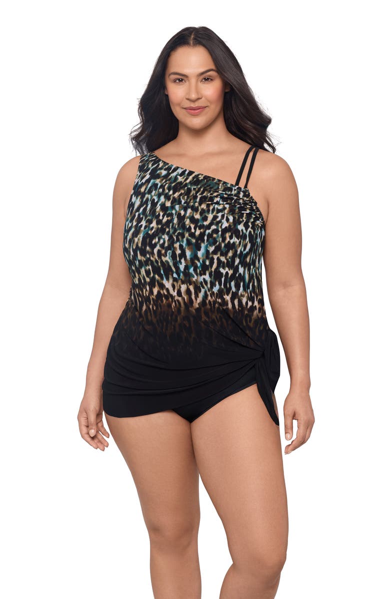Trimshaper Brianna Adjustable Side-Tie Coverage Plus Size Swimdress, Main, color, Leopard In The Mist Ombre