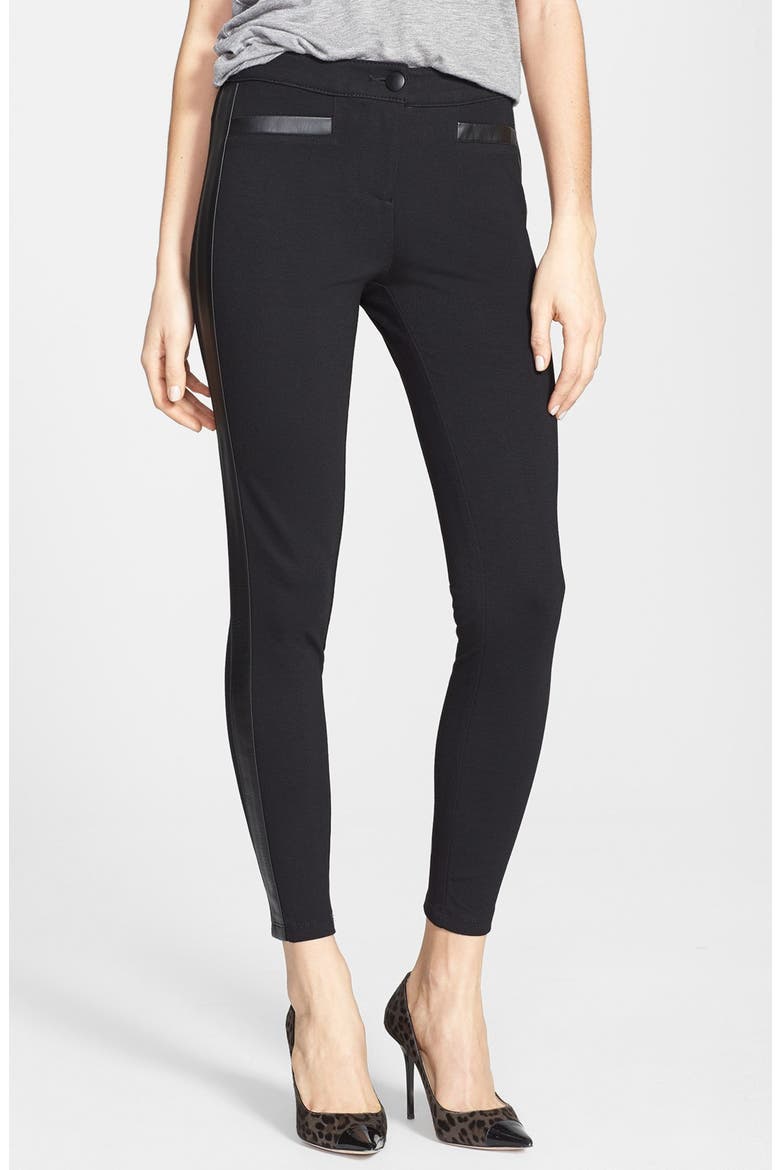 Faux Leather Trim Ponte Pants, Main, color, BLACK