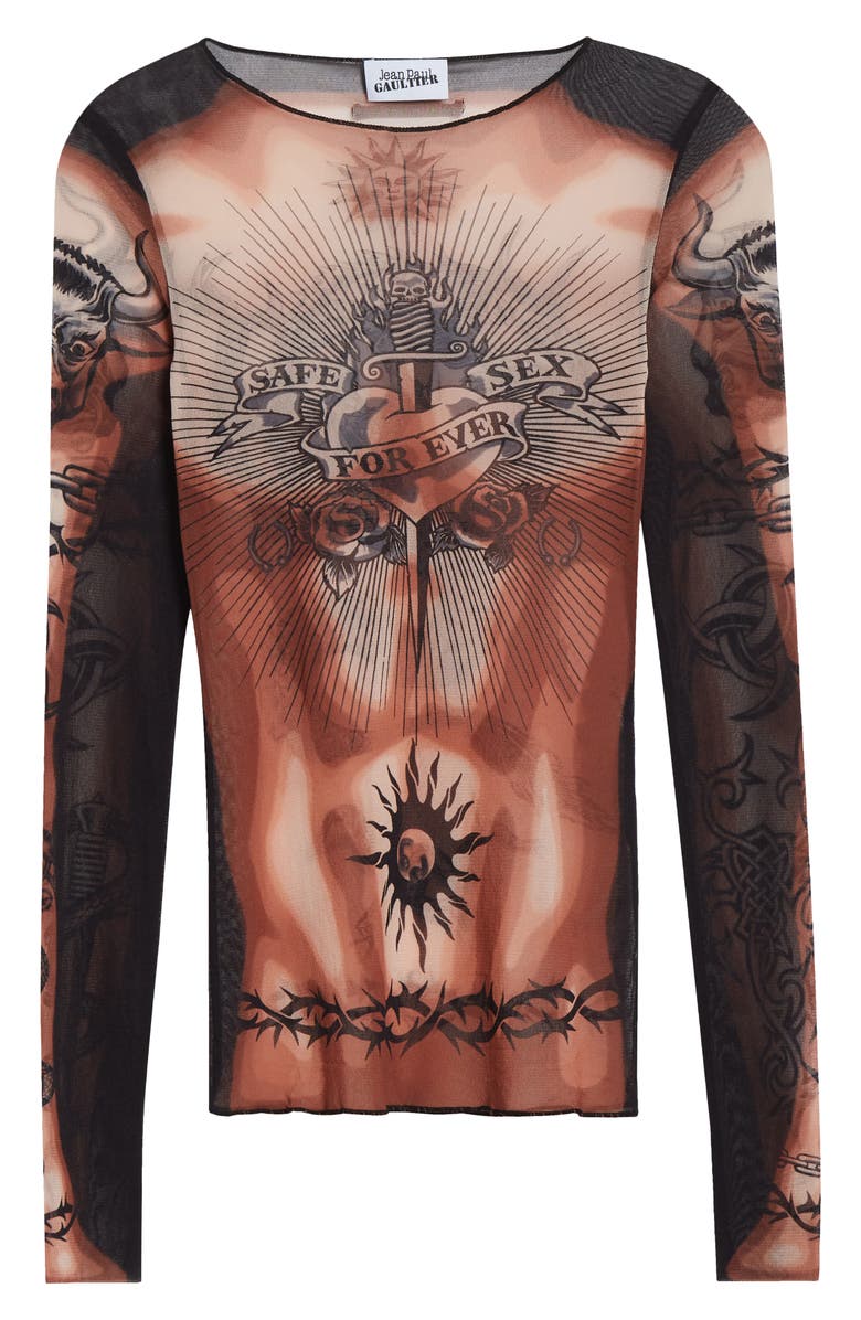 Jean Paul Gaultier Re-Edition Tattoo Trompe l'Oeil Long Sleeve Mesh Top, Alternate, color, Beige/ Brown/ Black