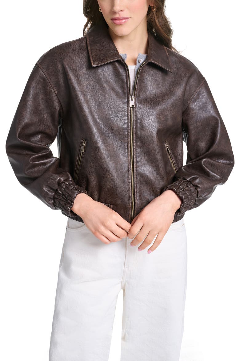 Faux Leather Bomber Jacket, Main, color, BROWN