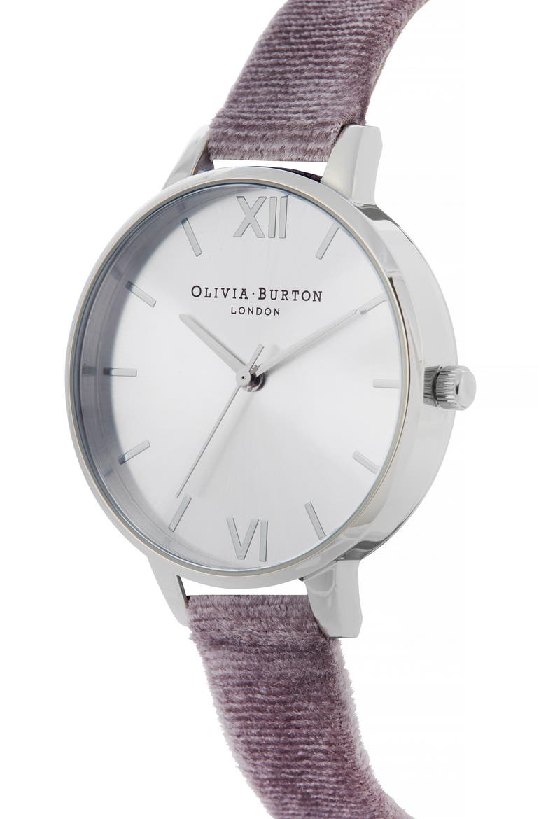 Velvet Strap Watch, 34mm, Alternate, color, GREY LILAC/ SILVER