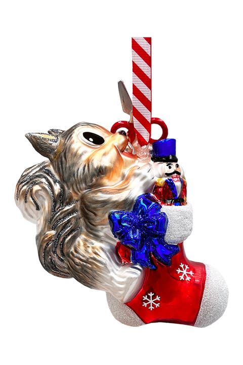 Squirrel With Nutcracker Stocking Glass Ornament