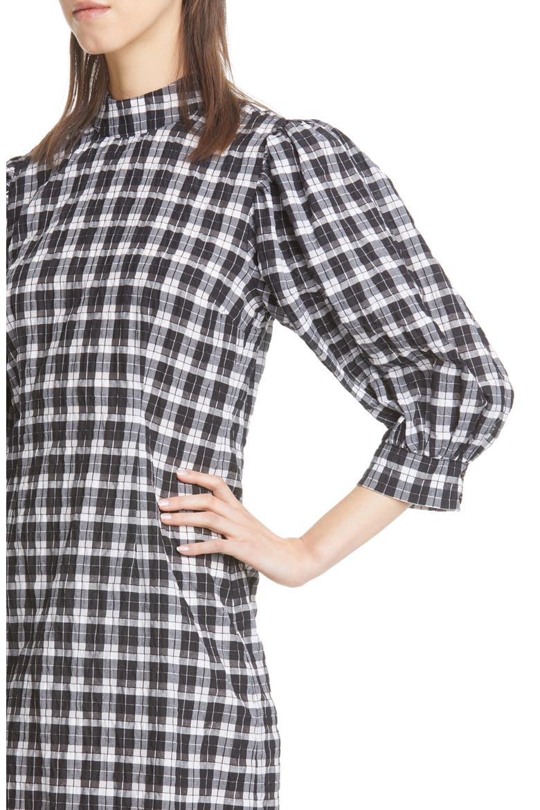 Check Seersucker Balloon Sleeve Minidress, Alternate, color, BLACK 099