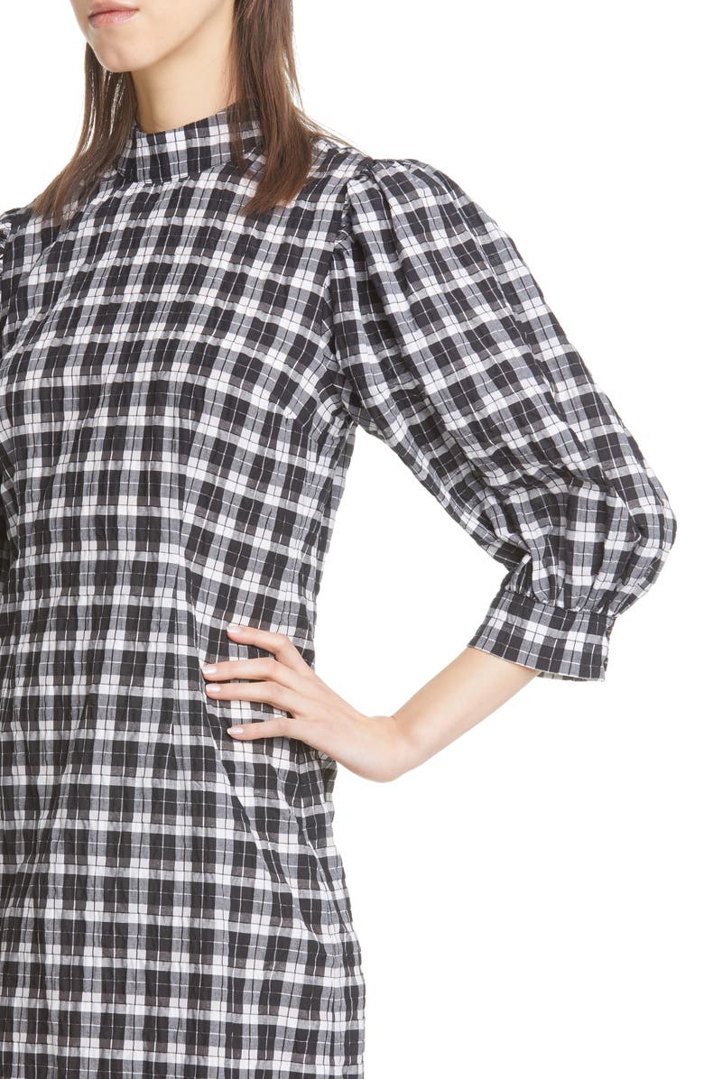 Ganni Check Seersucker Balloon Sleeve Minidress, Alternate, color,