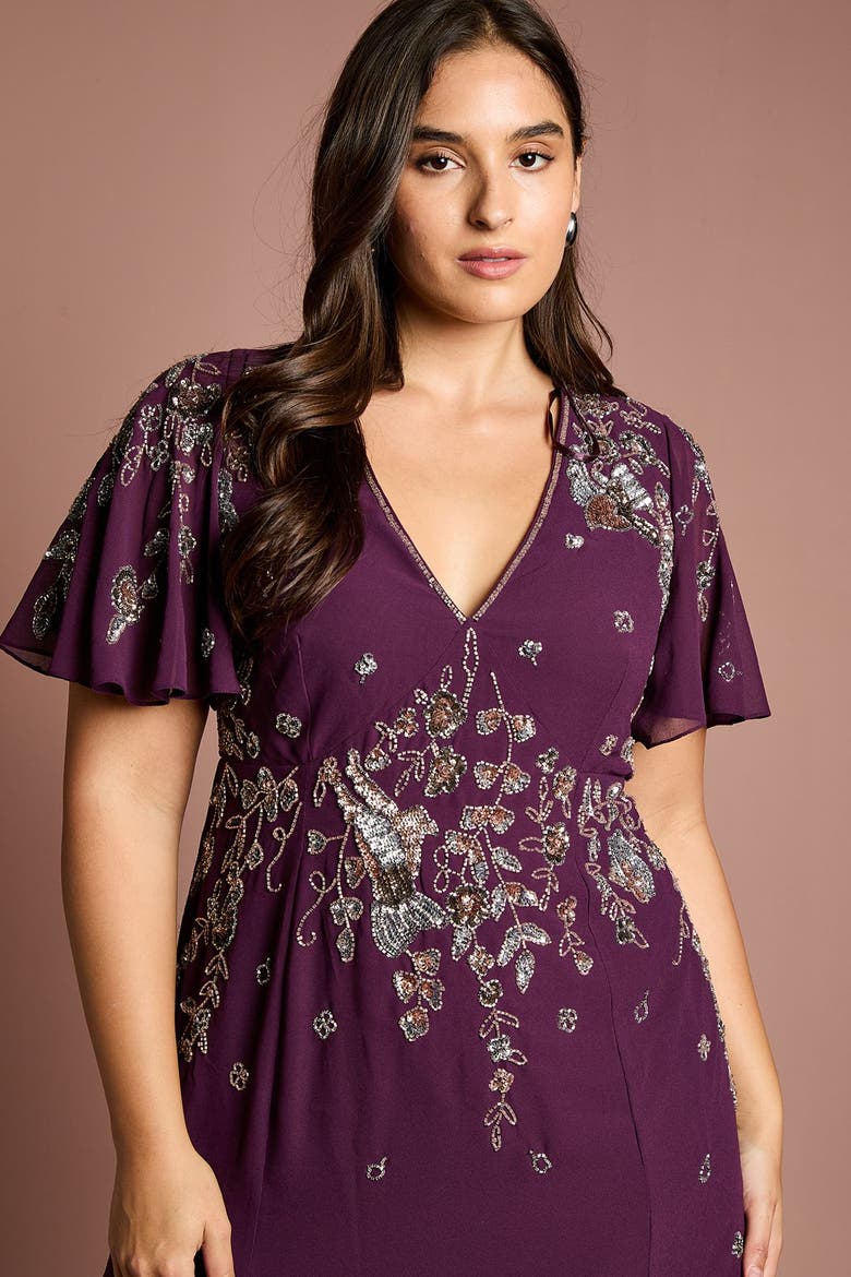 Plus Floral Embellished Midi Dress, Alternate, color, Wine