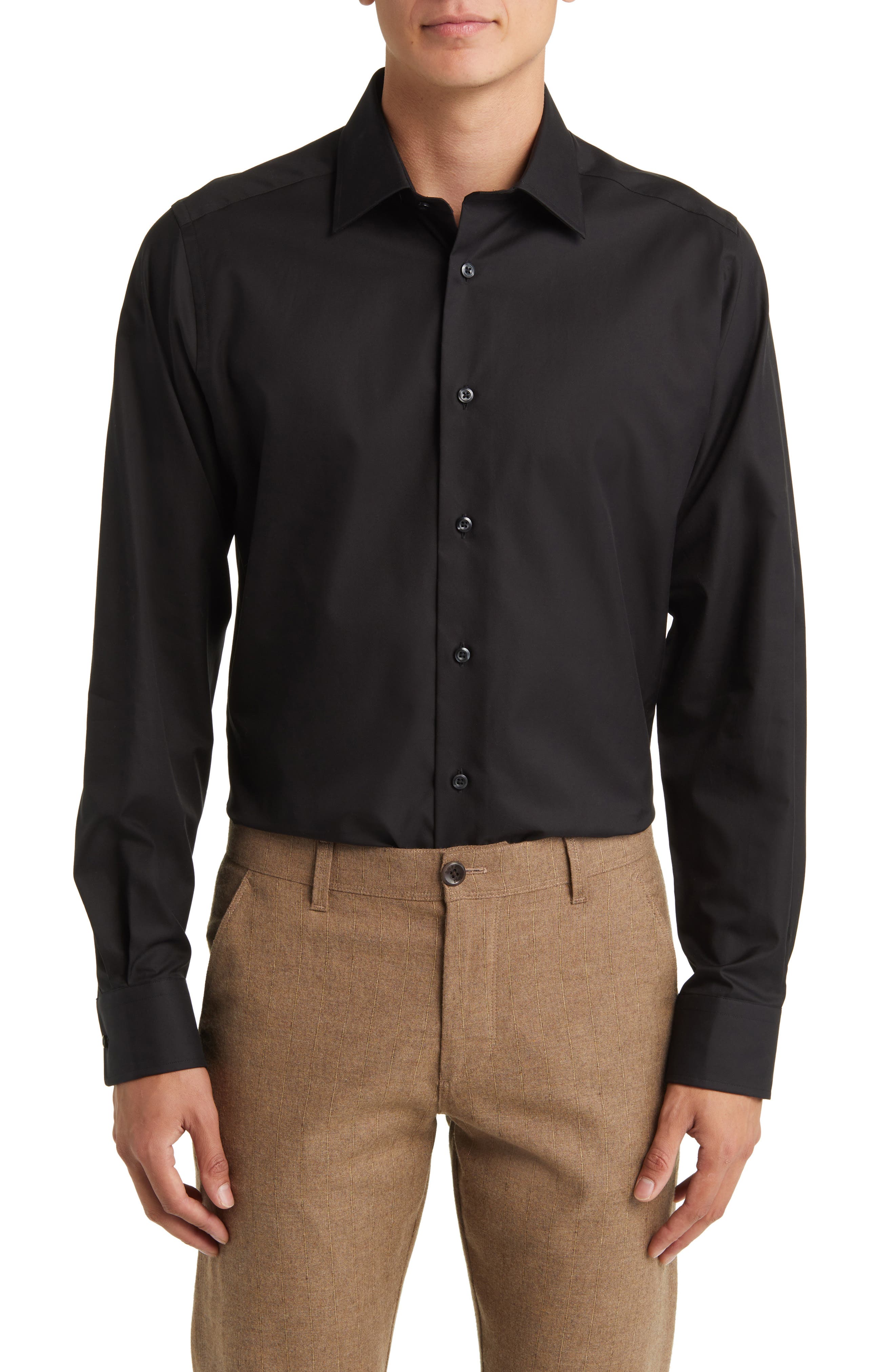 David Donahue Trim Fit Cotton Dress Shirt in Black 