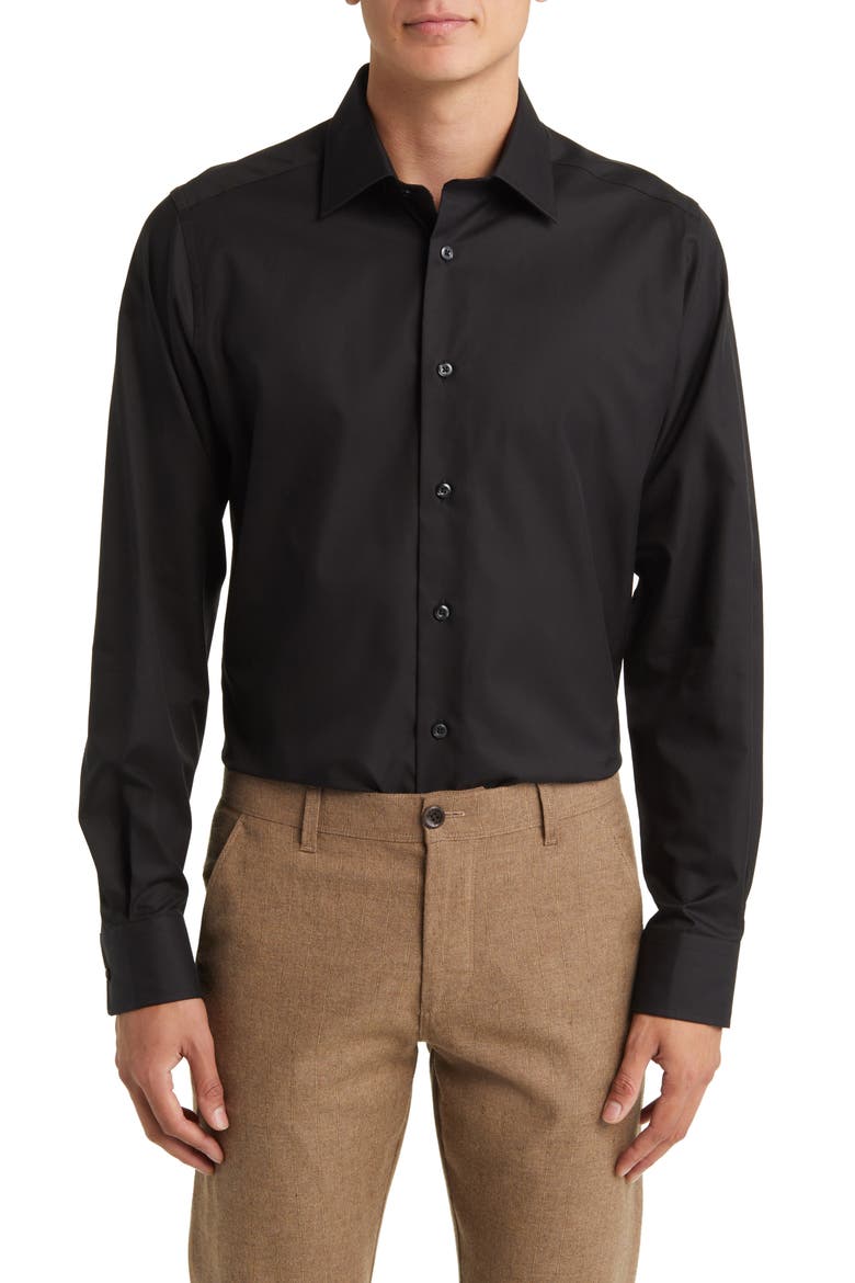 Trim Fit Cotton Dress Shirt, Main, color, BLACK