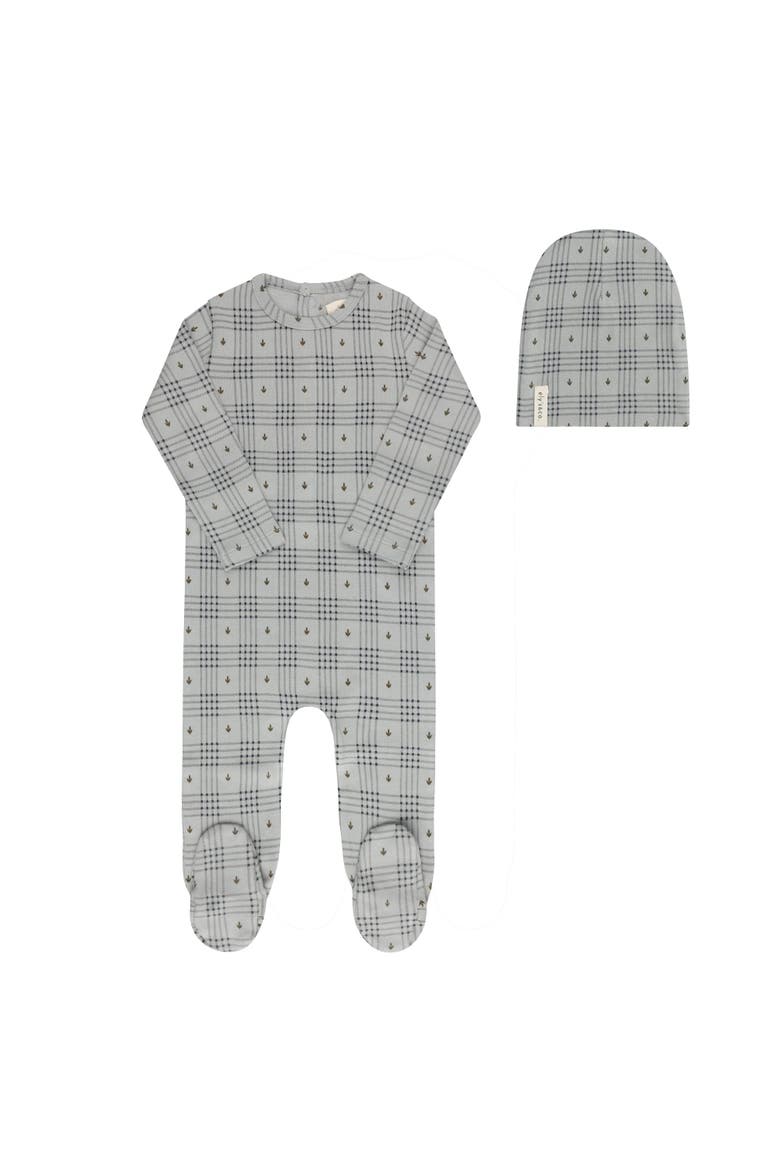 Cotton Floral Plaid Collection - Footie + Beanie, Main, color, Blue
