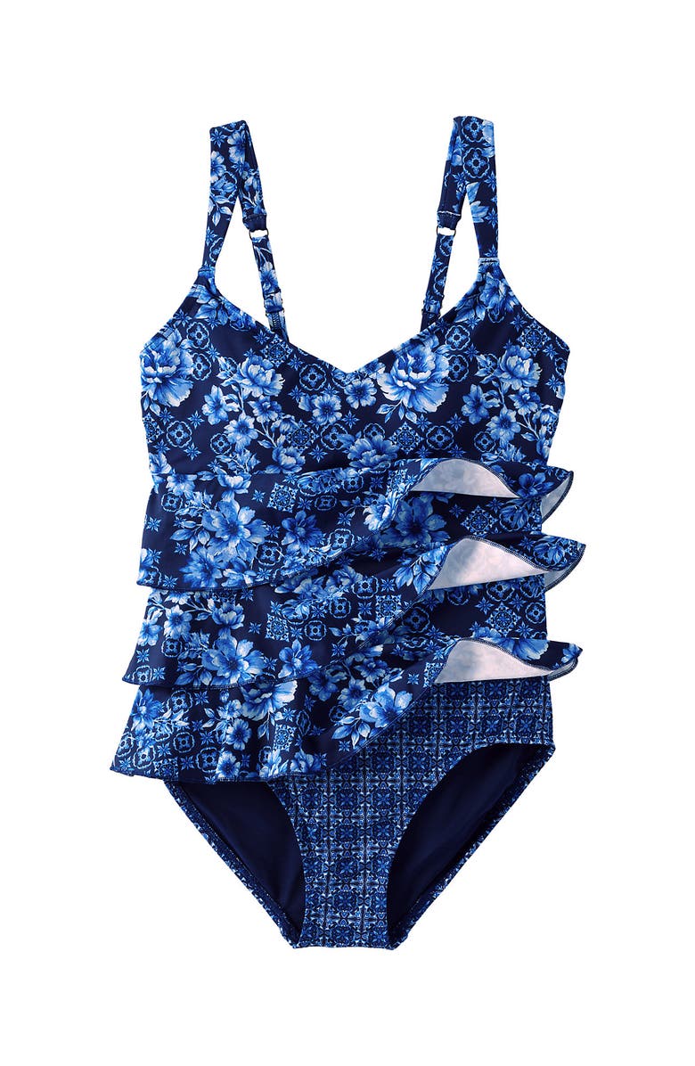 Lands' End Smoothing Control Ruffle Fauxkini One Piece Swimsuit, Alternate, color, Navy Mosaic Floral/Tile Mix
