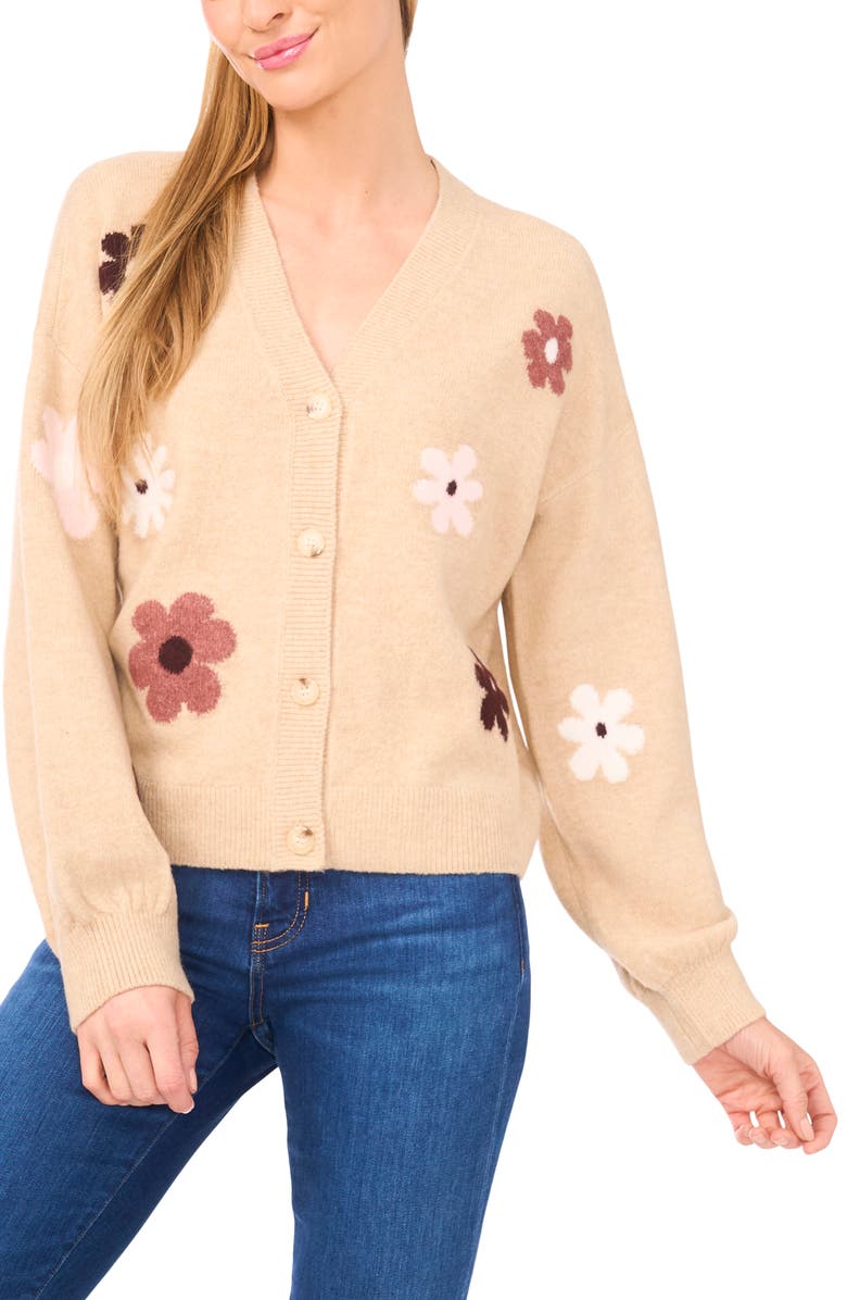 CeCe Groovy Flower Cardigan, Main, color, Sandy Heather