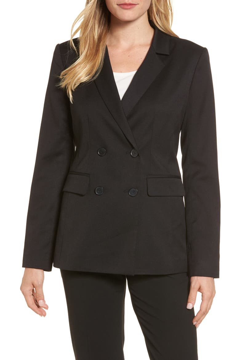Double Breasted Stretch Blazer, Main, color, BLACK