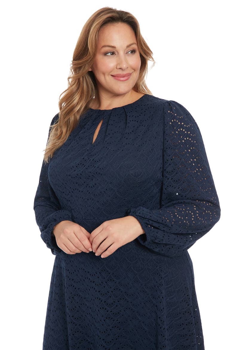 Eyelet Keyhole Long Sleeve A-Line Dress, Alternate, color, NAVY
